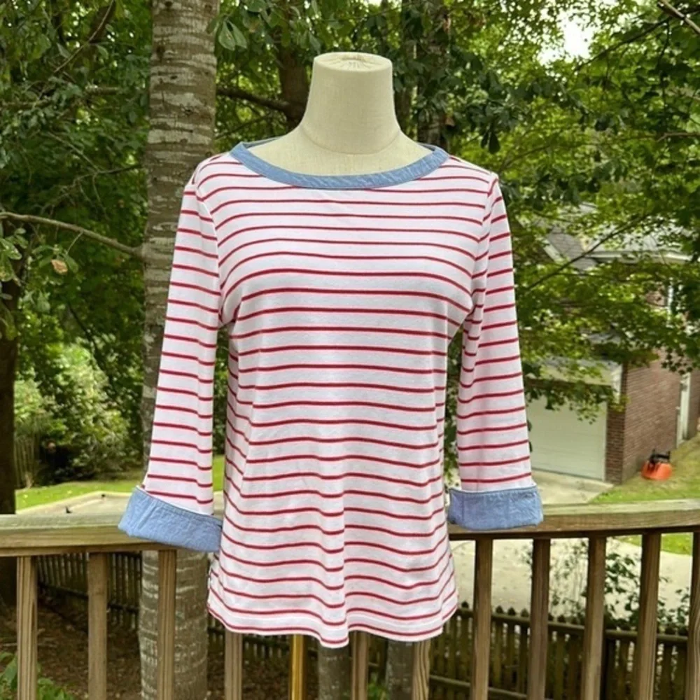 NAUTICAL RED White Striped SAILOR Top Chambray Trim Crew Neck Medium - Picture 2 of 8